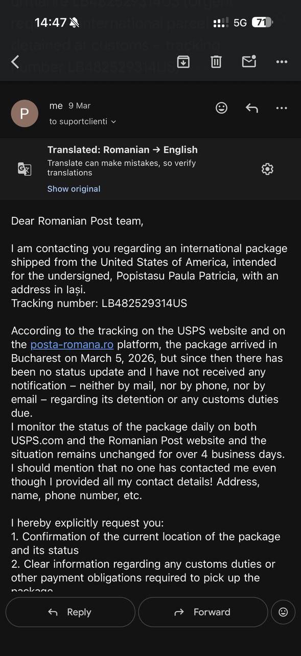 Romanian Post bounced email